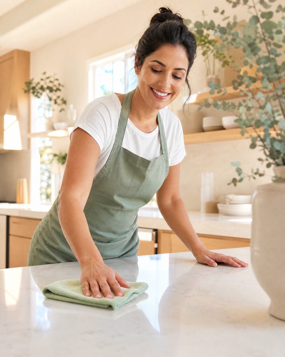 A friendly JMV cleaner wiping down a bright kitchen counter