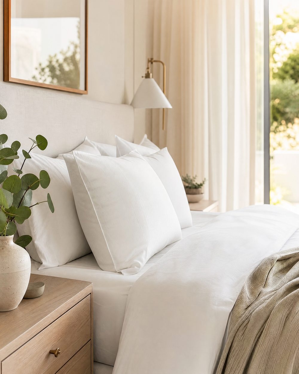 Freshly made bed in a bright bedroom